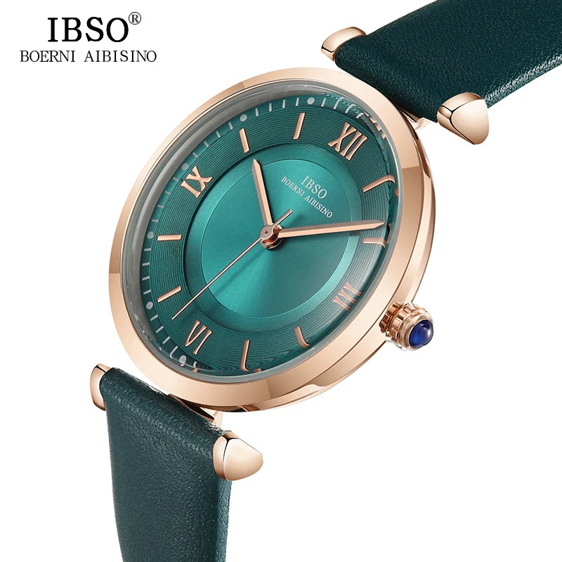 IBSO New Brand Women's Watches 2021 Green Genuine Leather Strap Luxury Quartz Japan Movement Ladies Watch Elegant Montre Femme